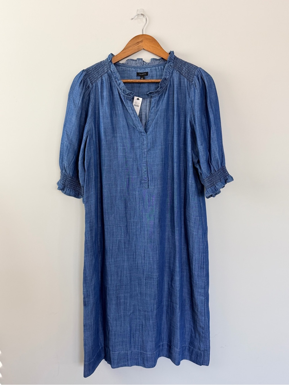 Talbots Chambray Tencel Shift Dress Blue Ruffle Sleeve Size L NWT - Picture 3 of 14